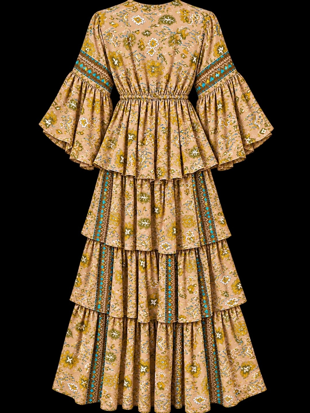 Bohemian Tiered Maxi Dress in Mustard Floral - Picture 2 of 5